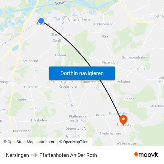 Nersingen to Pfaffenhofen An Der Roth map