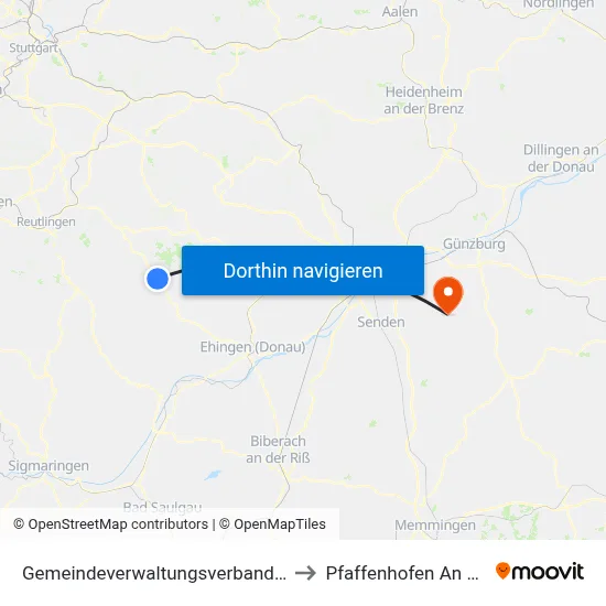 Gemeindeverwaltungsverband Münsingen to Pfaffenhofen An Der Roth map