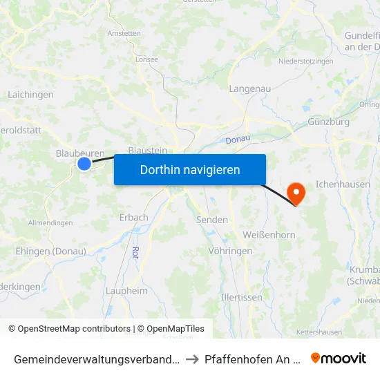 Gemeindeverwaltungsverband Blaubeuren to Pfaffenhofen An Der Roth map