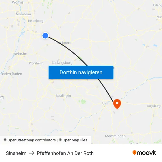 Sinsheim to Pfaffenhofen An Der Roth map
