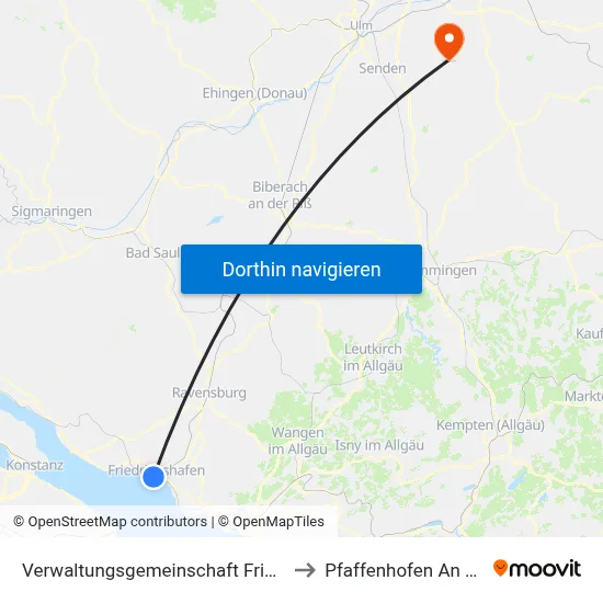 Verwaltungsgemeinschaft Friedrichshafen to Pfaffenhofen An Der Roth map