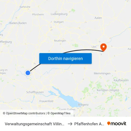 Verwaltungsgemeinschaft Villingen-Schwenningen to Pfaffenhofen An Der Roth map