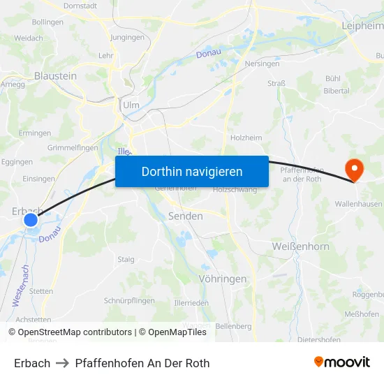 Erbach to Pfaffenhofen An Der Roth map