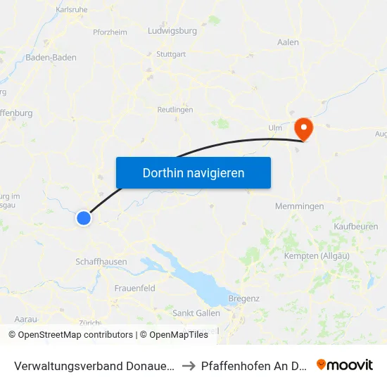 Verwaltungsverband Donaueschingen to Pfaffenhofen An Der Roth map