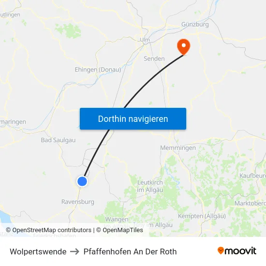 Wolpertswende to Pfaffenhofen An Der Roth map