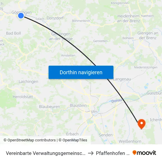 Vereinbarte Verwaltungsgemeinschaft Der Stadt Göppingen to Pfaffenhofen An Der Roth map