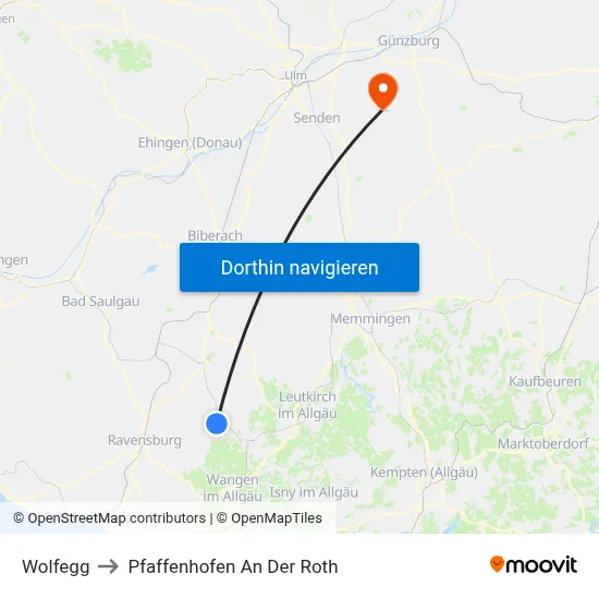 Wolfegg to Pfaffenhofen An Der Roth map