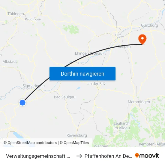 Verwaltungsgemeinschaft Meßkirch to Pfaffenhofen An Der Roth map