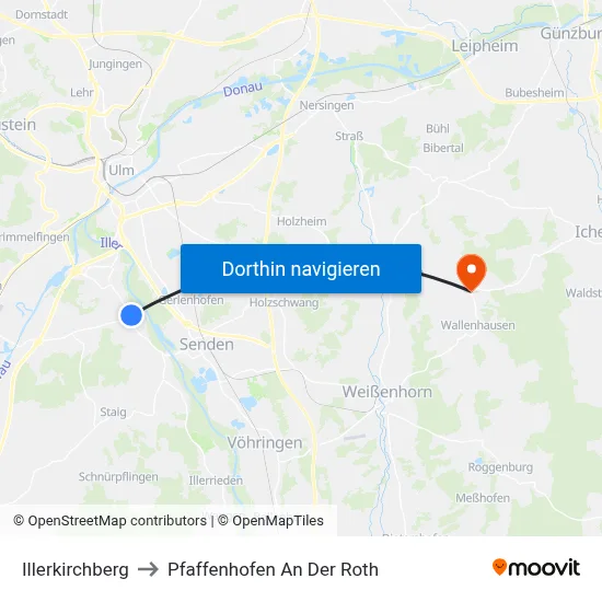 Illerkirchberg to Pfaffenhofen An Der Roth map