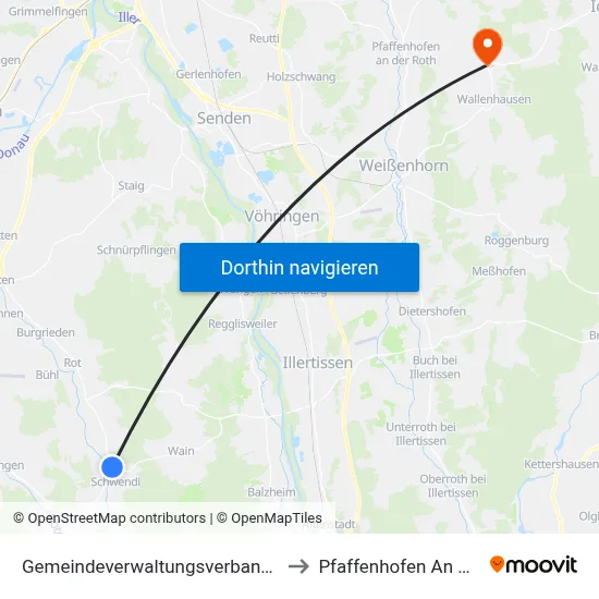 Gemeindeverwaltungsverband Schwendi to Pfaffenhofen An Der Roth map