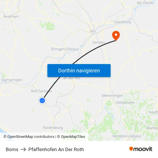 Boms to Pfaffenhofen An Der Roth map