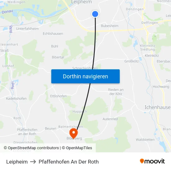 Leipheim to Pfaffenhofen An Der Roth map