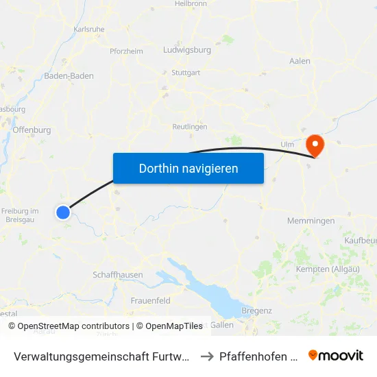 Verwaltungsgemeinschaft Furtwangen Im Schwarzwald to Pfaffenhofen An Der Roth map
