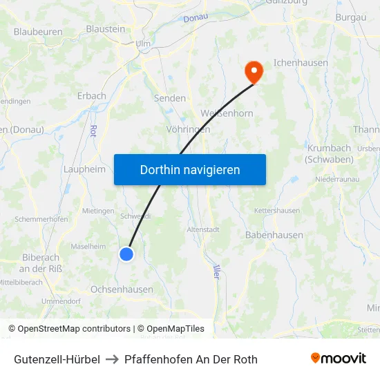 Gutenzell-Hürbel to Pfaffenhofen An Der Roth map