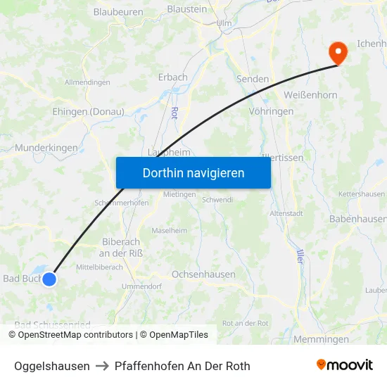Oggelshausen to Pfaffenhofen An Der Roth map