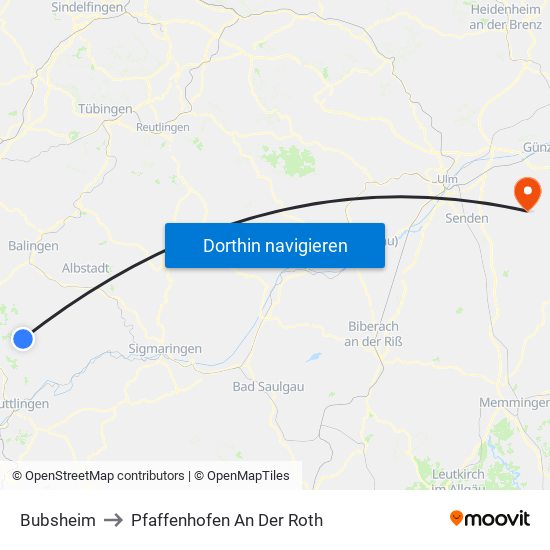 Bubsheim to Pfaffenhofen An Der Roth map