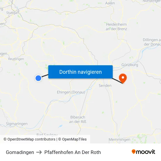 Gomadingen to Pfaffenhofen An Der Roth map