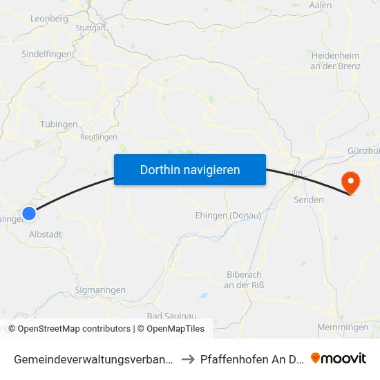 Gemeindeverwaltungsverband Bisingen to Pfaffenhofen An Der Roth map