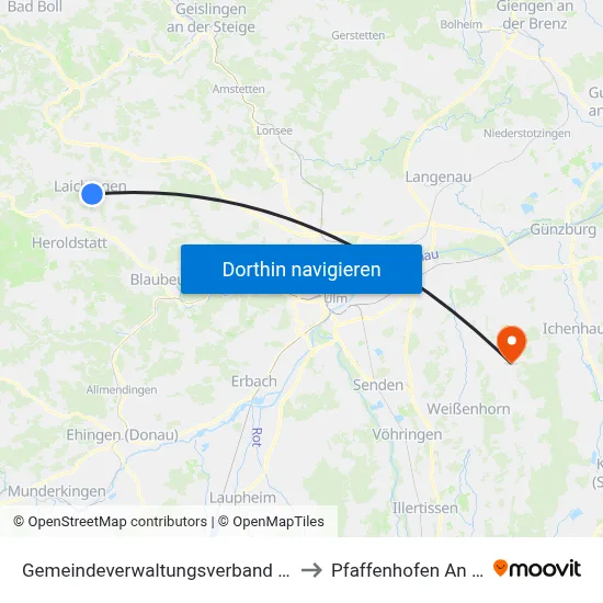 Gemeindeverwaltungsverband Laichinger Alb to Pfaffenhofen An Der Roth map