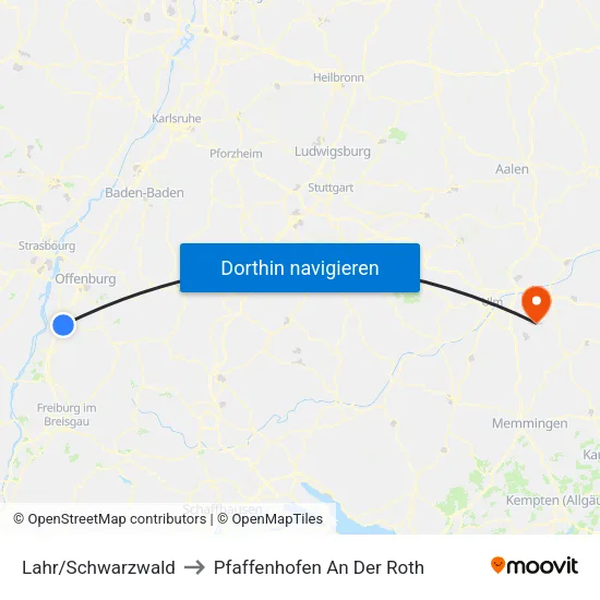 Lahr/Schwarzwald to Pfaffenhofen An Der Roth map