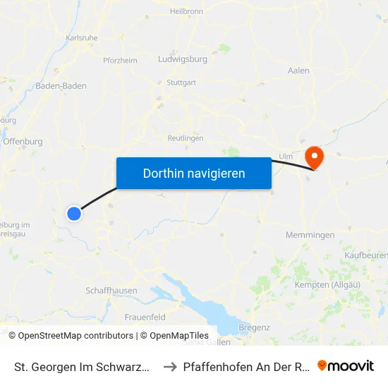 St. Georgen Im Schwarzwald to Pfaffenhofen An Der Roth map
