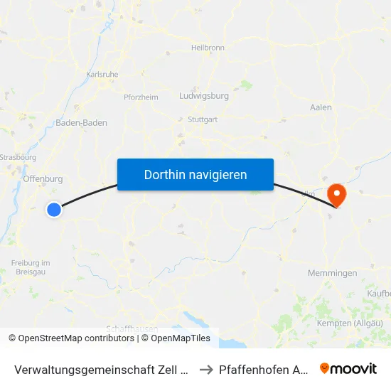 Verwaltungsgemeinschaft Zell am Harmersbach to Pfaffenhofen An Der Roth map