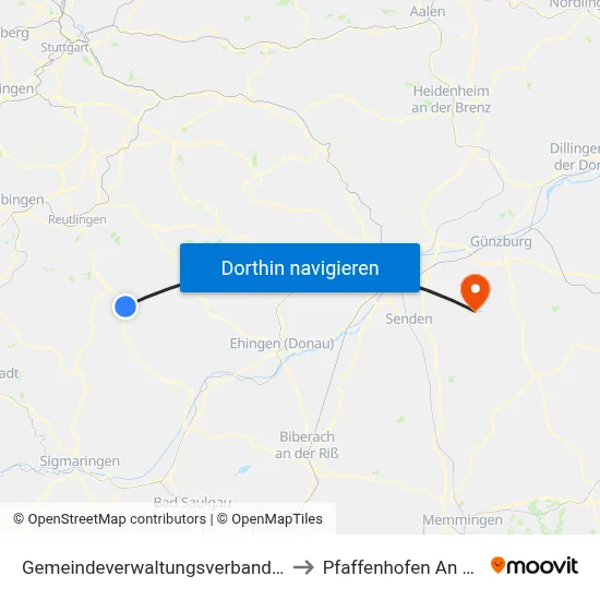 Gemeindeverwaltungsverband Engstingen to Pfaffenhofen An Der Roth map