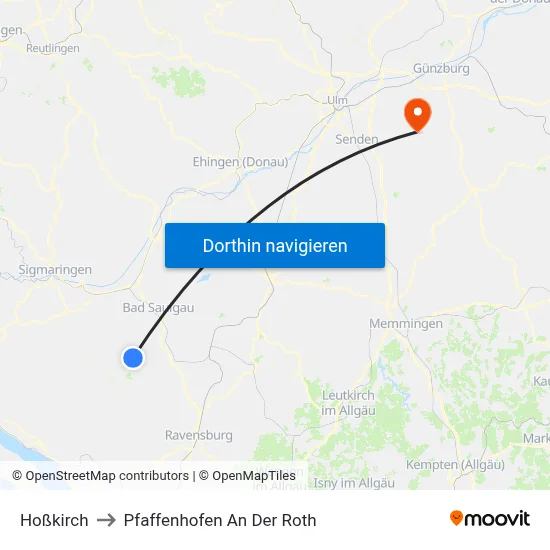 Hoßkirch to Pfaffenhofen An Der Roth map