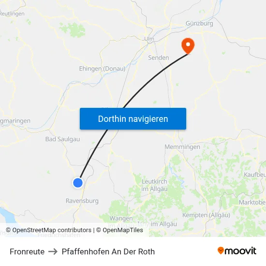 Fronreute to Pfaffenhofen An Der Roth map