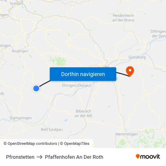 Pfronstetten to Pfaffenhofen An Der Roth map