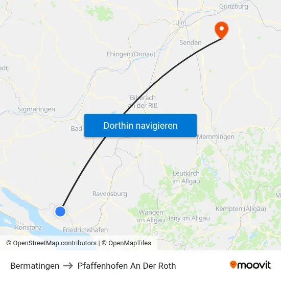Bermatingen to Pfaffenhofen An Der Roth map