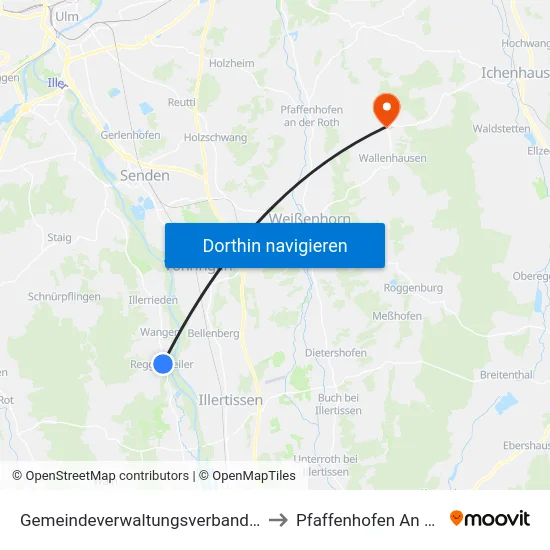 Gemeindeverwaltungsverband Dietenheim to Pfaffenhofen An Der Roth map