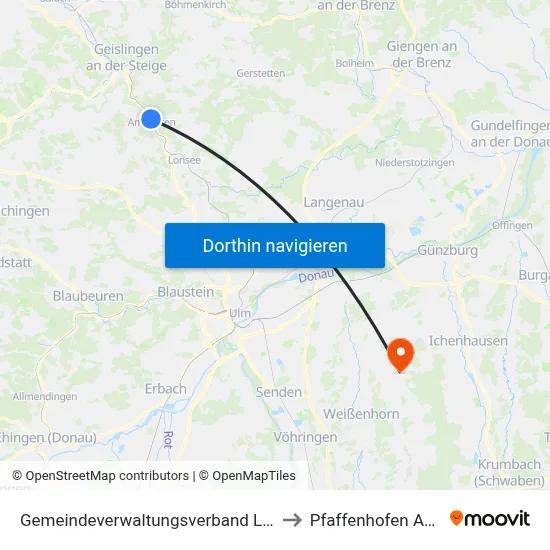 Gemeindeverwaltungsverband Lonsee-Amstetten to Pfaffenhofen An Der Roth map