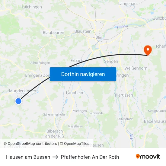 Hausen am Bussen to Pfaffenhofen An Der Roth map