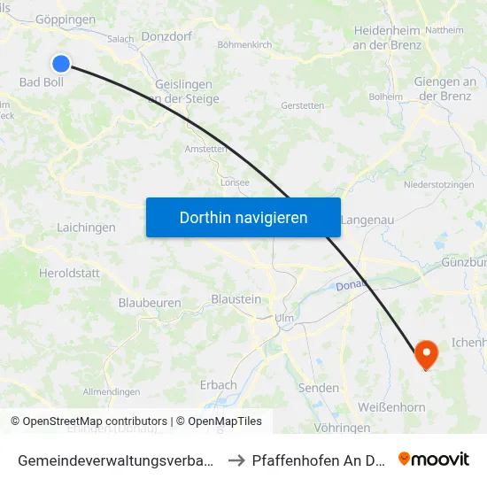 Gemeindeverwaltungsverband Voralb to Pfaffenhofen An Der Roth map