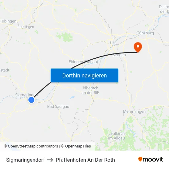 Sigmaringendorf to Pfaffenhofen An Der Roth map