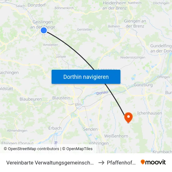 Vereinbarte Verwaltungsgemeinschaft Der Stadt Geislingen An Der Steige to Pfaffenhofen An Der Roth map