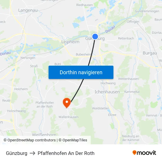 Günzburg to Pfaffenhofen An Der Roth map