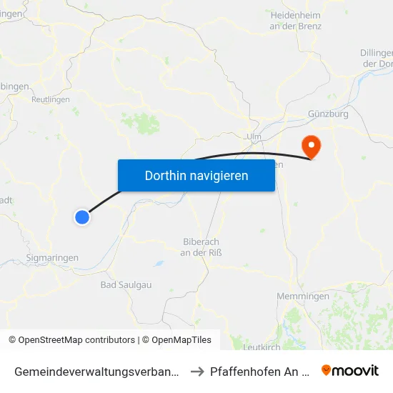 Gemeindeverwaltungsverband Riedlingen to Pfaffenhofen An Der Roth map