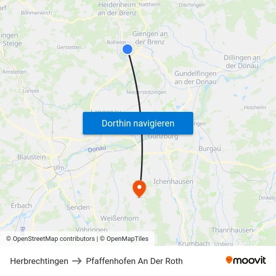 Herbrechtingen to Pfaffenhofen An Der Roth map