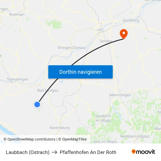 Laubbach (Ostrach) to Pfaffenhofen An Der Roth map