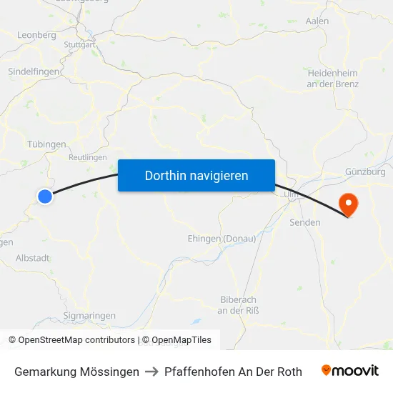 Gemarkung Mössingen to Pfaffenhofen An Der Roth map