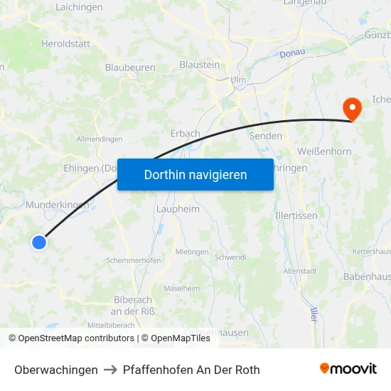 Oberwachingen to Pfaffenhofen An Der Roth map