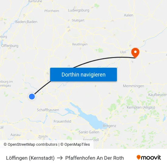 Löffingen (Kernstadt) to Pfaffenhofen An Der Roth map