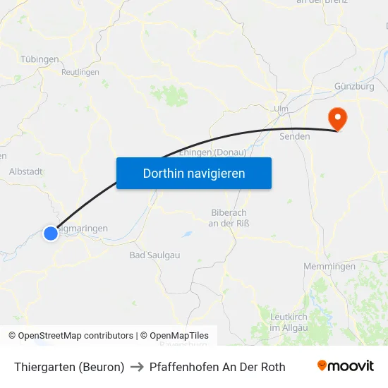Thiergarten (Beuron) to Pfaffenhofen An Der Roth map