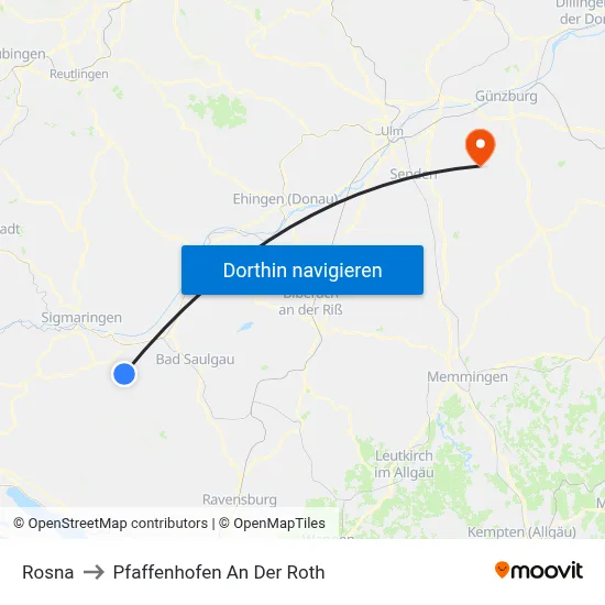 Rosna to Pfaffenhofen An Der Roth map