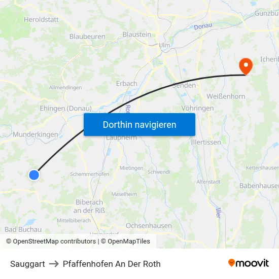 Sauggart to Pfaffenhofen An Der Roth map