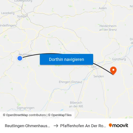 Reutlingen-Ohmenhausen to Pfaffenhofen An Der Roth map