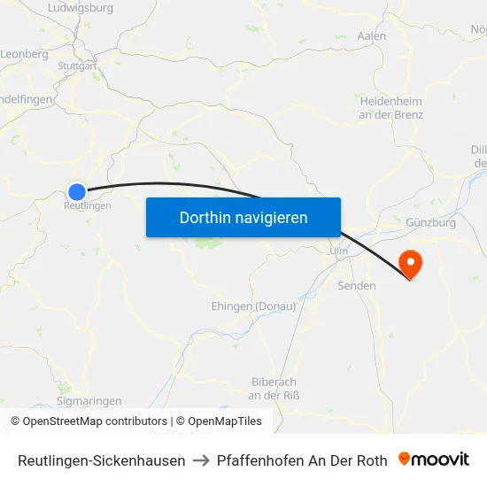 Reutlingen-Sickenhausen to Pfaffenhofen An Der Roth map