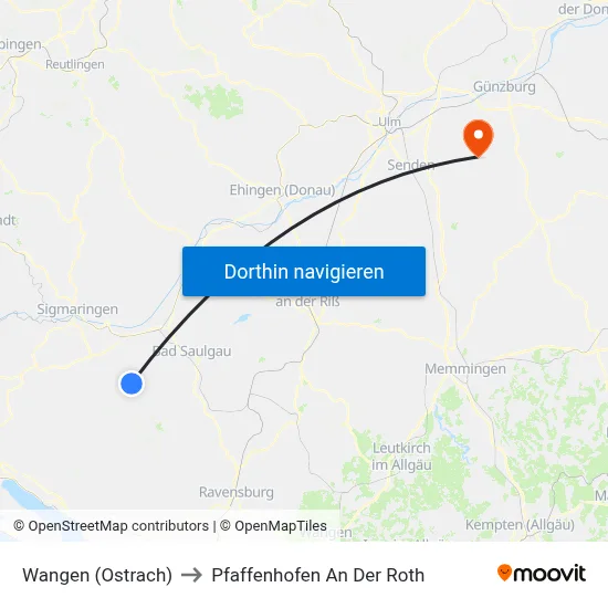 Wangen (Ostrach) to Pfaffenhofen An Der Roth map
